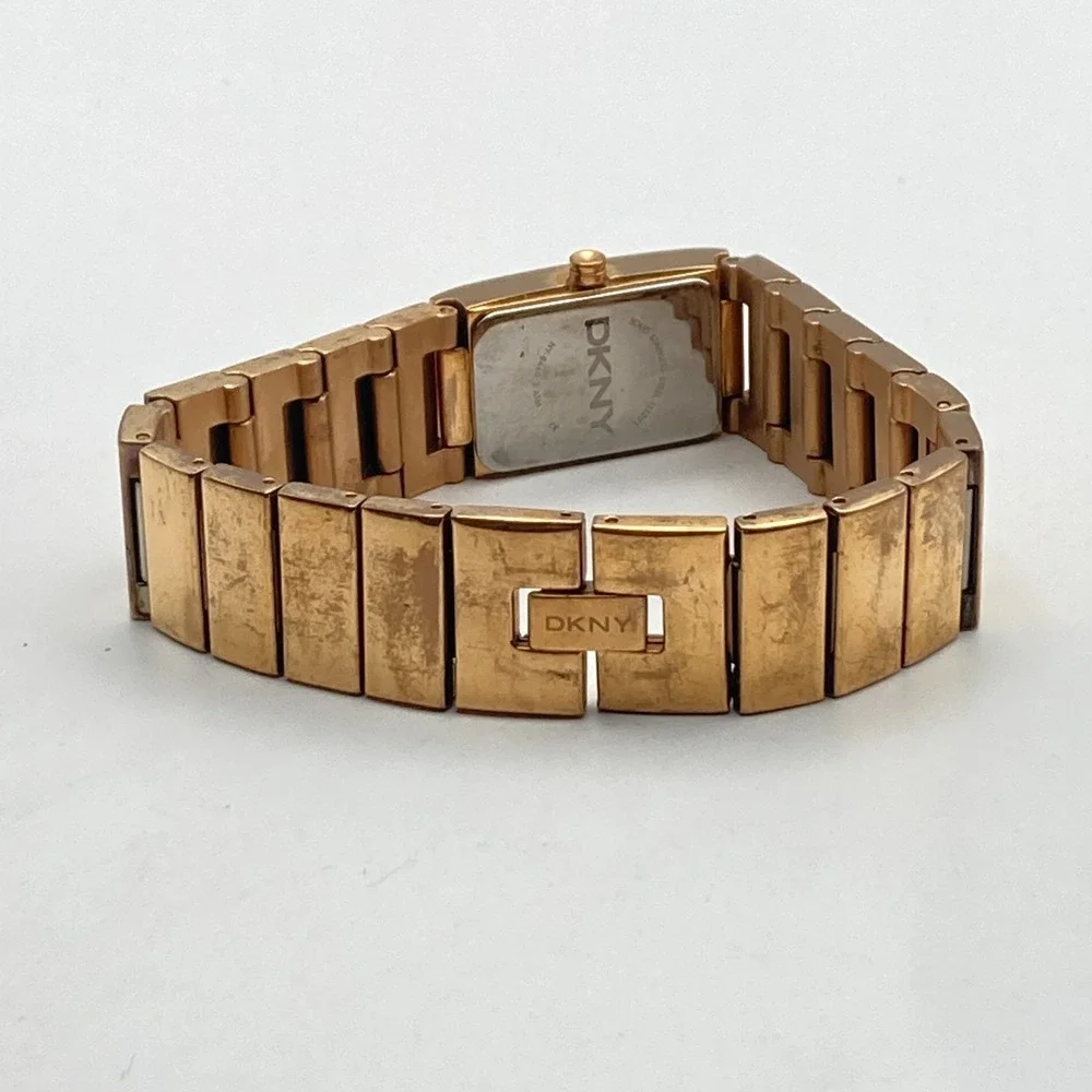 DKNY Women's Tank Watch 18mm Rose Gold Tone Champaign Crystals New Battery 7.25